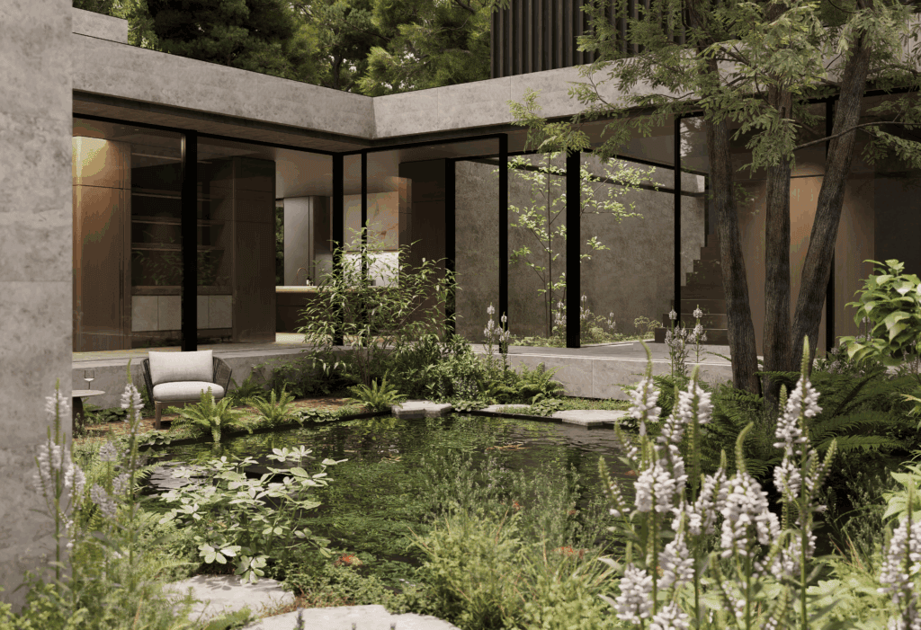 Modern tuin met waterpartij en groene beplanting, ontworpen door Studio REDD, met strakke architectuur, natuurlijke elementen en een harmonieuze buitenruimte voor ontspanning.