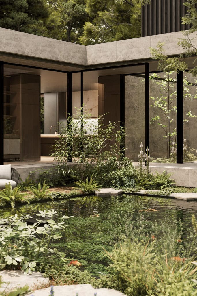 Modern architectuur met grote glazen wanden en een tuin met vijver, ontworpen door Studio REDD, gericht op natuurlijke harmonie en duurzame woningbouw.