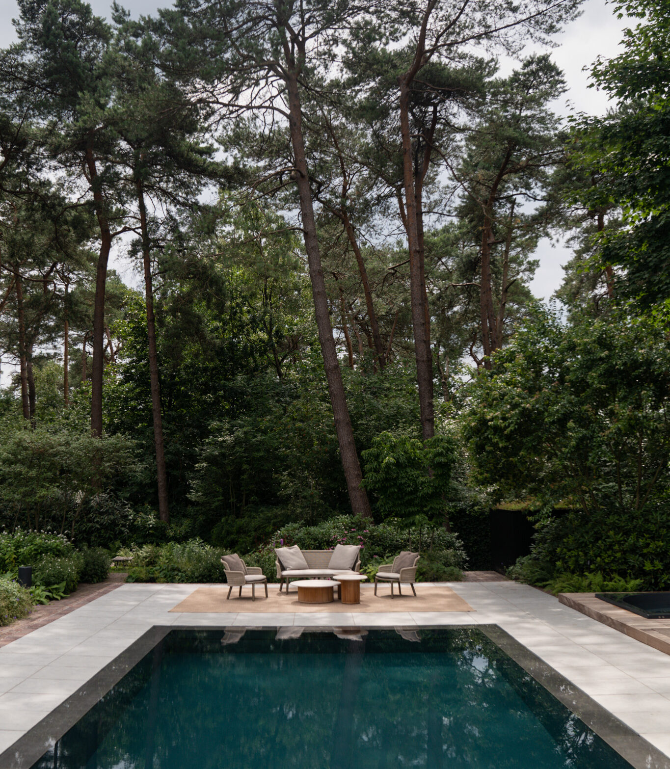 Luxe tuin met zwembad en zithoek omgeven door natuurlijke bomen, perfect voor ontspanning en genieten in een serene buitenruimte.