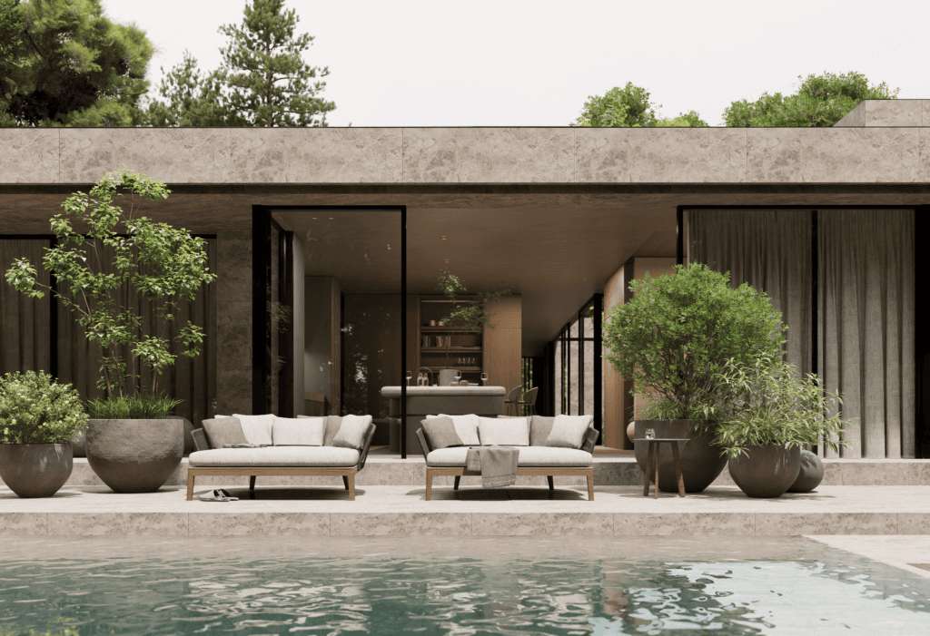 Strakke moderne villa met patio, tuin en verder inrichting volgens high-end design, inclusief comfortabele lounges. Perfect voor luxe buitenleven en ontspanning.