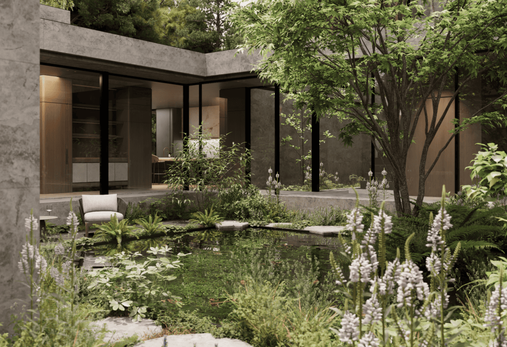 Gezellig zitje naast vijver in een moderne tuin met serre, omgeven door groen en bloemen, ideaal voor ontspanning en genieten van de natuur.