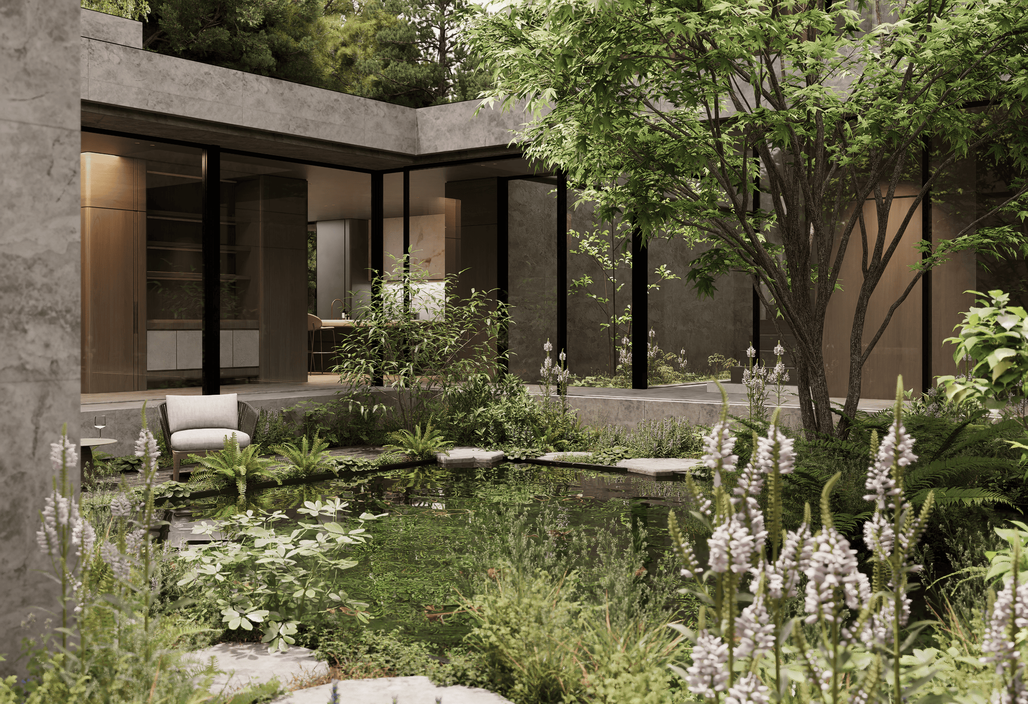 Gezellig zitje naast vijver in een moderne tuin met serre, omgeven door groen en bloemen, ideaal voor ontspanning en genieten van de natuur.