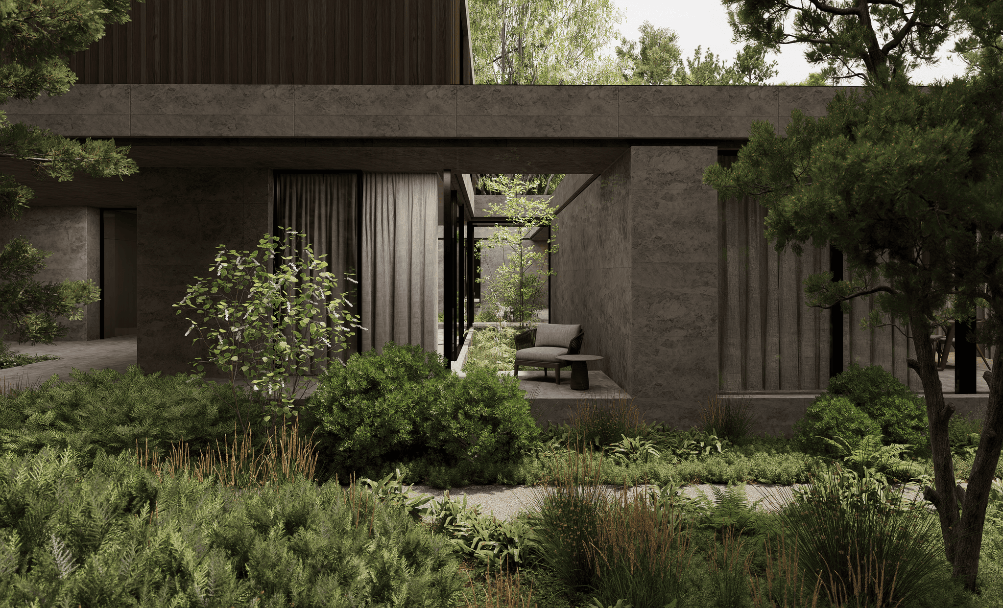 Uitgestrekte tuin met moderne geschilderde gevels en comfortabele zithoek op een groene locatie, ontworpen door Studio REDD.