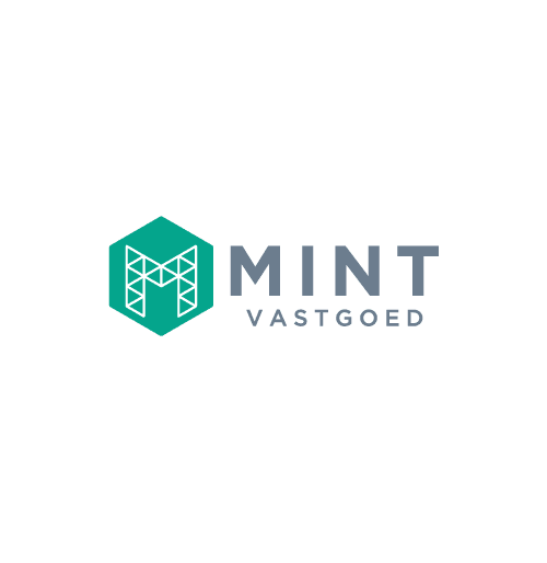 Logo van MINT Vastgoed met geometrisch ontwerp en tekst op een kantoorachtergrond, symboliseert vastgoed en professionele dienstverlening.