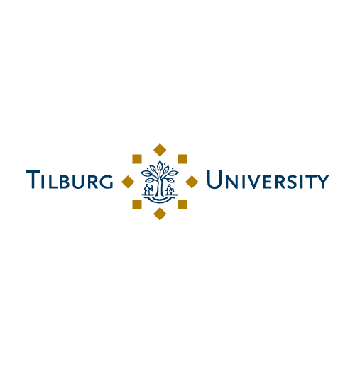 Logo van Tilburg University met blauwe tekst en een centrale gouden en blauwe emblem, symbool voor academische excellentie en kennis.