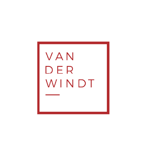 Logo van Van der Windt met rode tekst en kader op zwarte achtergrond, geschikt voor branding en promotie.