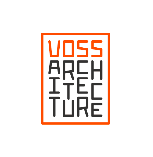 Logo van Voss Architectuur met een modern ontwerp in oranje en zwart, symboliseert creativiteit en vakmanschap in architectuur.
