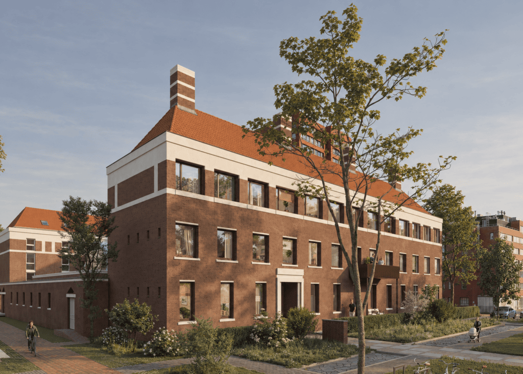 Moderne gebouw met rode dakpannen en grote ramen, omgeven door groene bomen en een rustige straat, perfect voor architectuurfotografie.